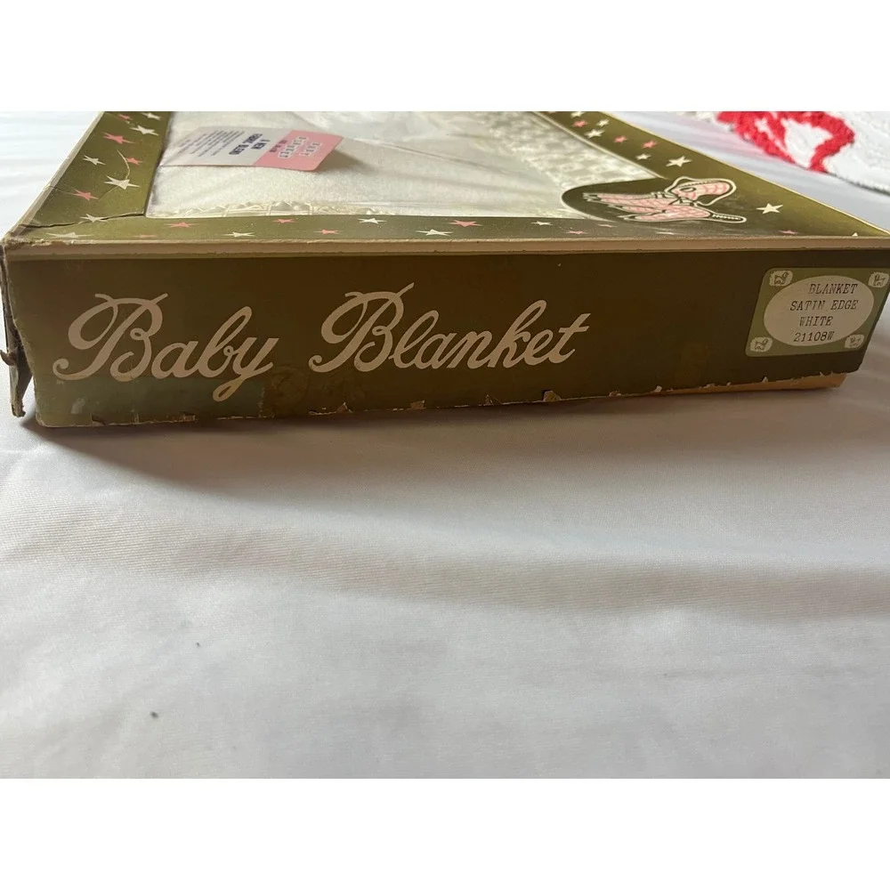 Vintage Quiltex Baby Blanket in Original Box 70s White Plush Satin Trim Nursery